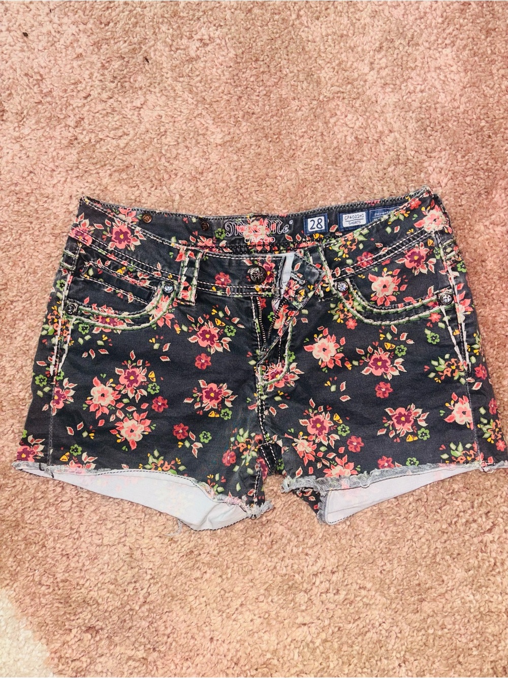 Miss Me Floral Print Denim Shorts - Black/Pink